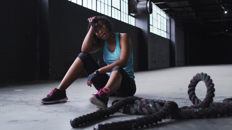 African american woman resting after battling ropes in an empty urban building