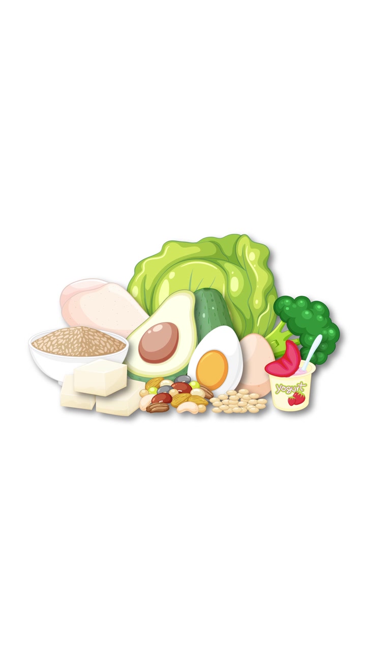 Illustrazione animata di gruppi alimentari aggiunge cereali, uova, tofu, noci e yogurt alle verdure, illuminazione brillante.
