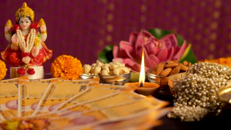 laxmi puja for diwali celebration - traditional indian home setup for festival