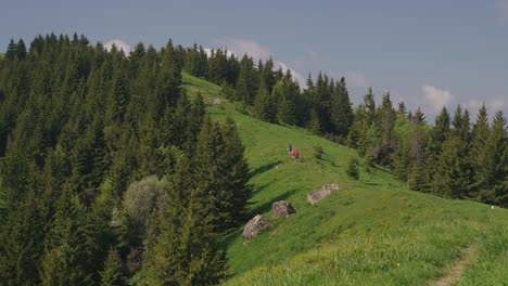 tourists in the distance approaching top of the hill on beautiful summer sunny day surrounded by forests and meadows