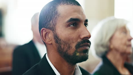 Sad,-man-and-face-closeup-at-a-funeral-in-church