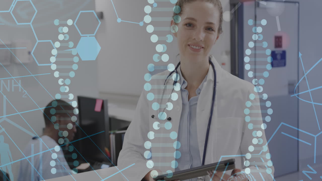 animación de cadenas de adn y fórmula química más felices diversos médicos en la oficina