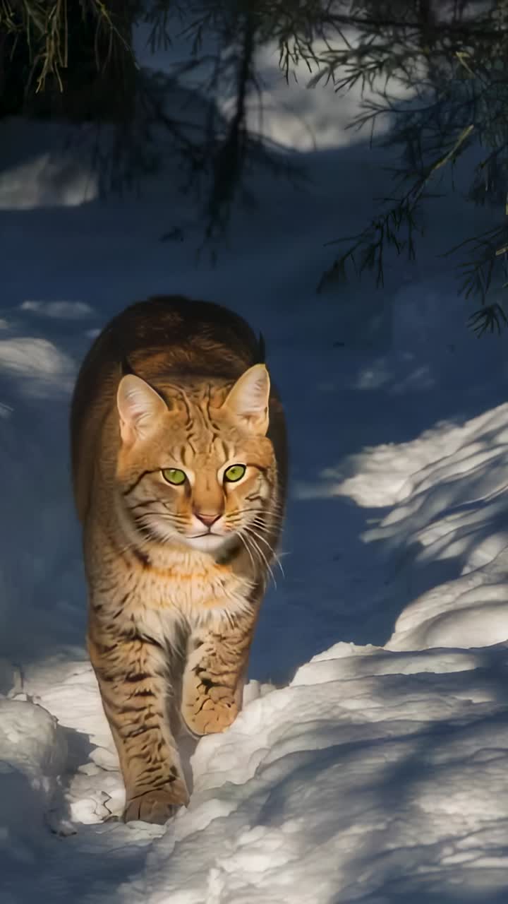 Video verticale: lince che cammina verso la telecamera entrando in una chiazza di neve illuminata dal sole sotto le conifere