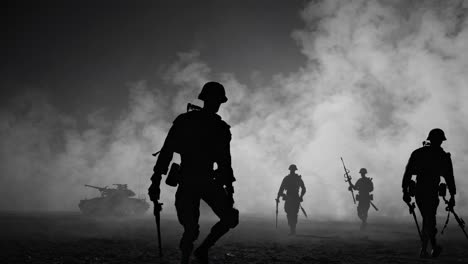 soldiers move forward through a smoky battlefield, silhouetted against the haze with tanks in the background, creating a dramatic scene of advancement