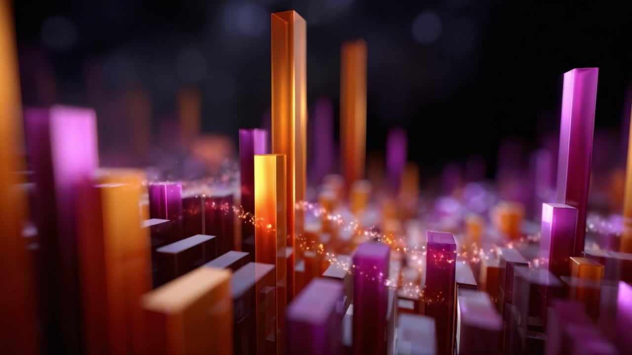 Abstract data visualization with glowing vertical bars in warm and cool tones. Smooth transitions create dynamic, futuristic feel. Ideal for tech, finance, or data analysis presentations
