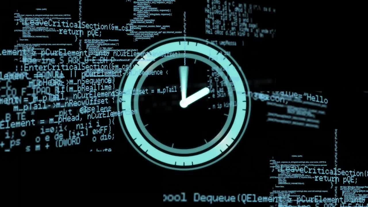 Animation of clock over data processing on black background