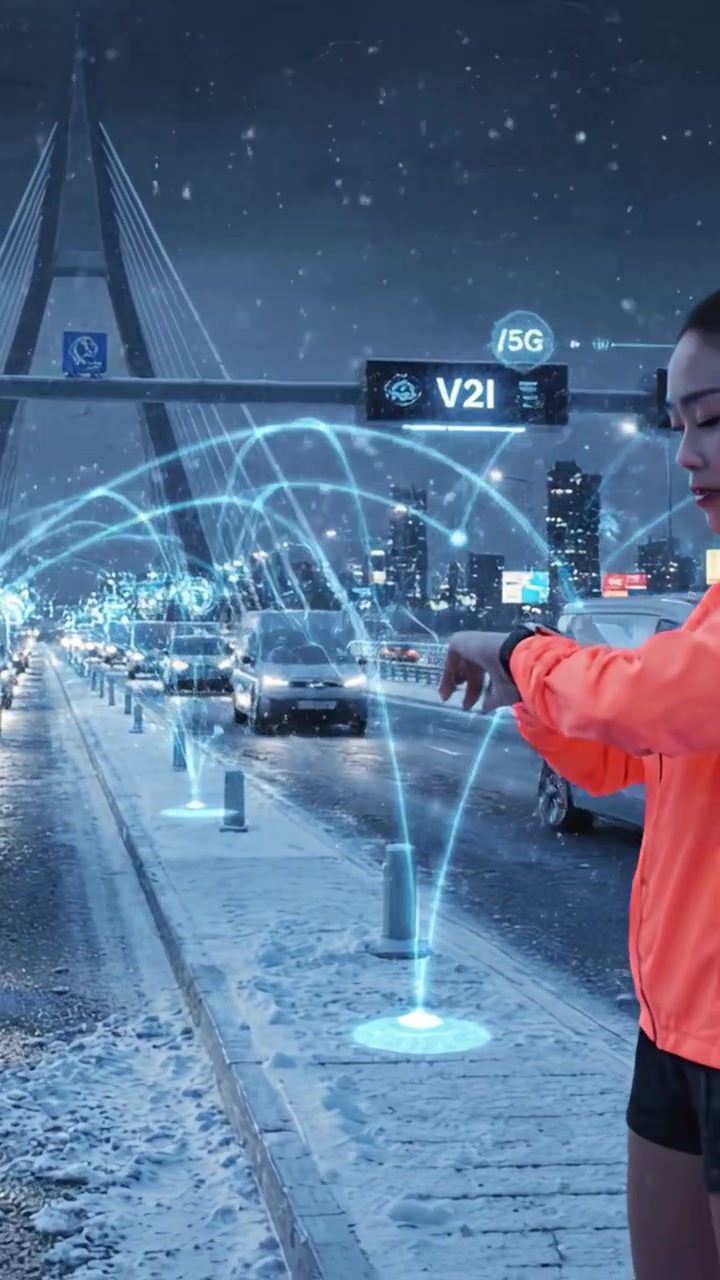 Flusso di Traffico in un Paesaggio Urbano Innevato con Sovrapposizioni Digitali Che Indicano Connettività e Dati in Tempo Reale su un Ponte Moderno di Notte.