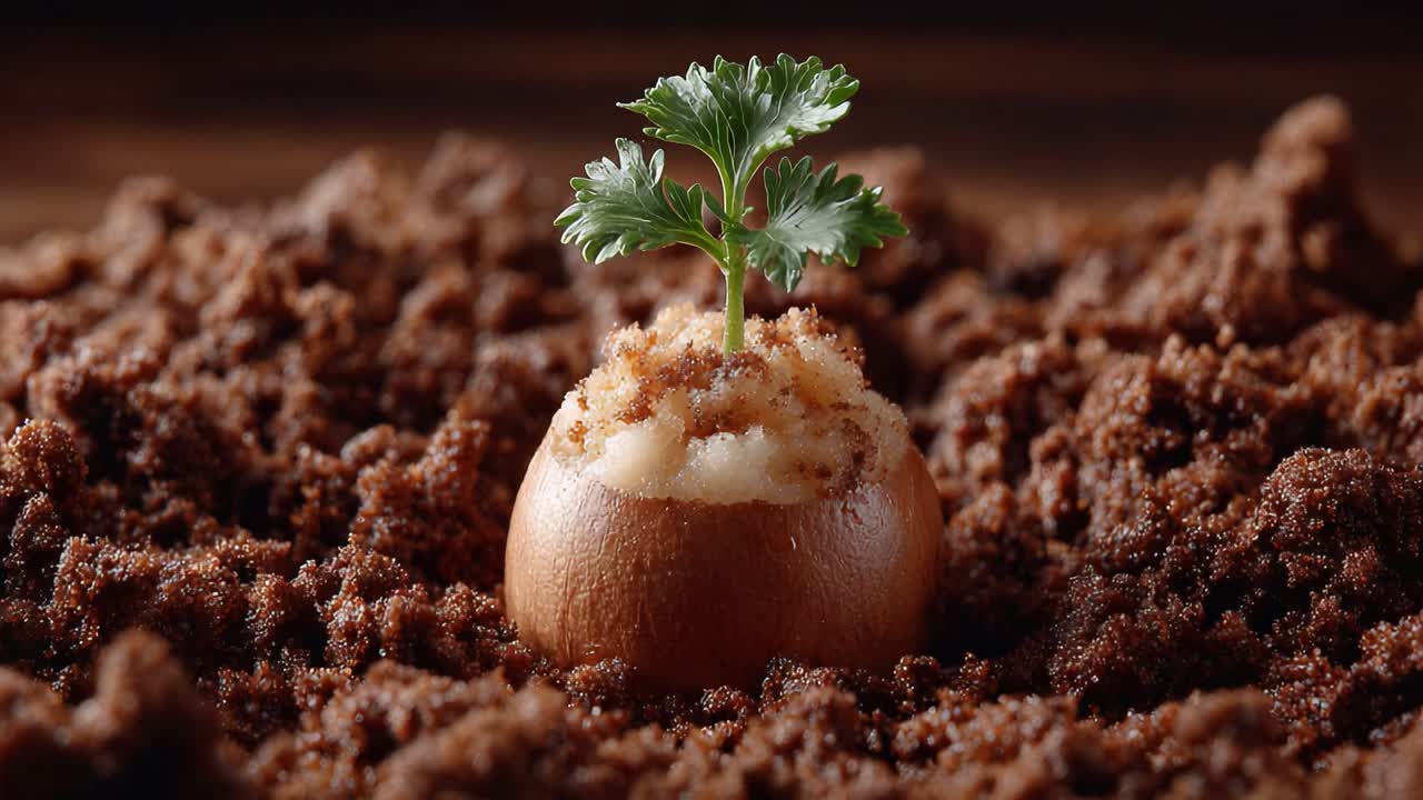 An Intricate Close-Up of a Young Plant Emerging from Rich Brown Soil, Surrounded by Crumbled Texture, Symbolizing Growth and Life in Nature's Cycle