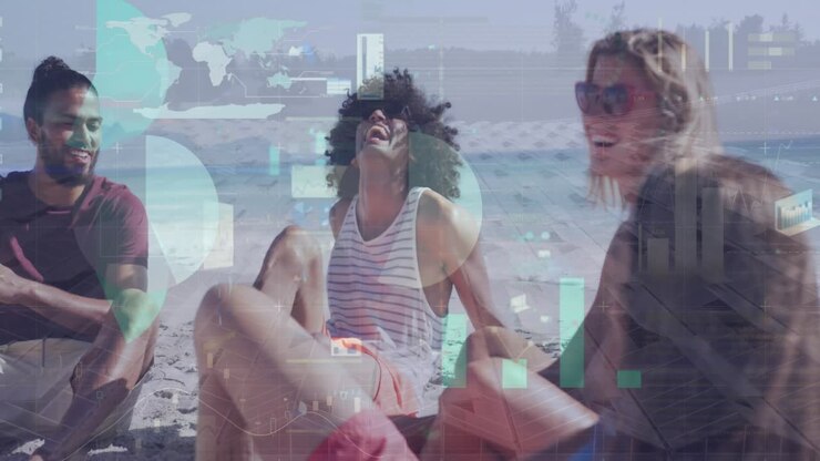 Animazione dell'elaborazione di dati finanziari su amici in spiaggia