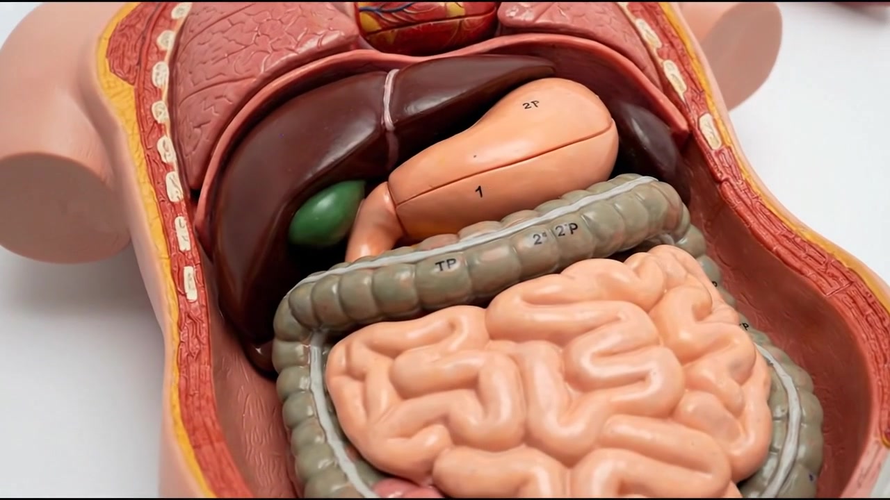Cutaway abdominal cavity model showing liver stomach and intestinal organs