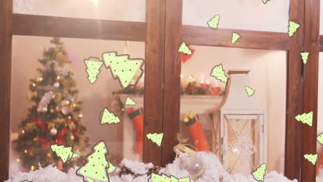 Digital-animation-of-multiple-christmas-tree-icons-falling-against-wooden-window-frame