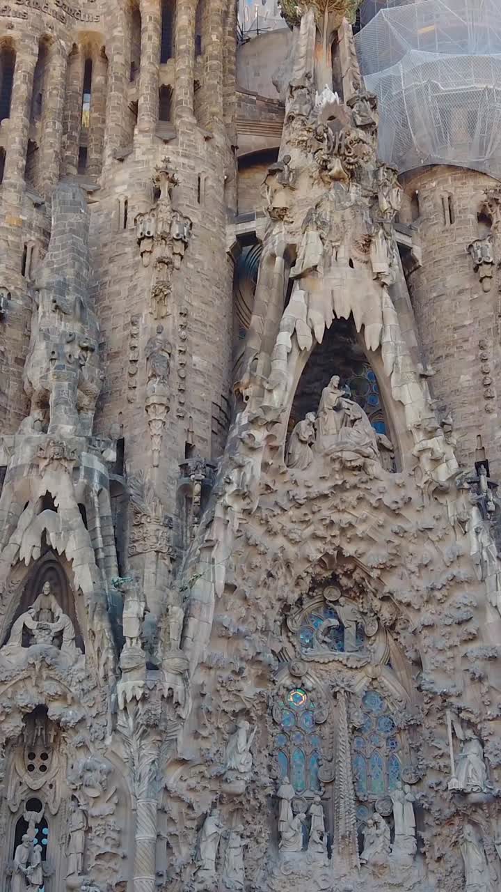 Vertical view of Sagrada Familia famous Gaudi building gothic style in Barcelona, Spain, travel skyline