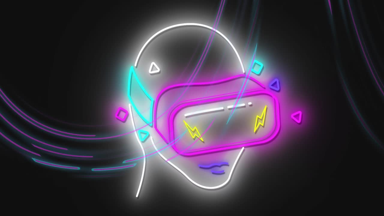 vr 헤드으로 네온 헤드 위에서 데이터 처리의 애니메이션