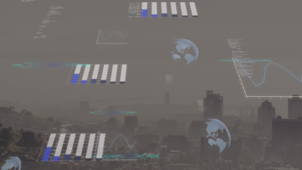 데이터 처리 및 회전 지구 아이콘의 애니메이션과 도시 풍경의 공중 전망