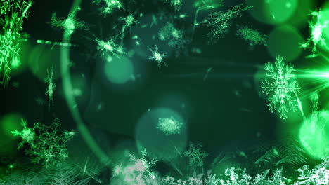 animation of snow falling and light spots at christmas on black background