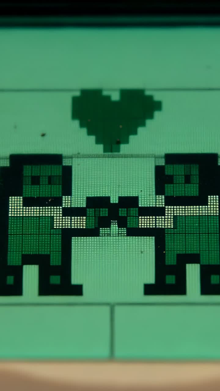 Vertikal video: Zoomende kamera fokuserer på pixelpar, der holder i hånd på LCD og afslører hjerte og skjorter