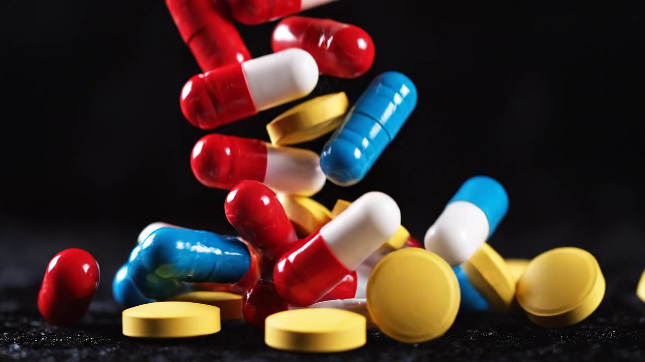 Falling Colorful Medicine Capsules and Tablets on Black Background