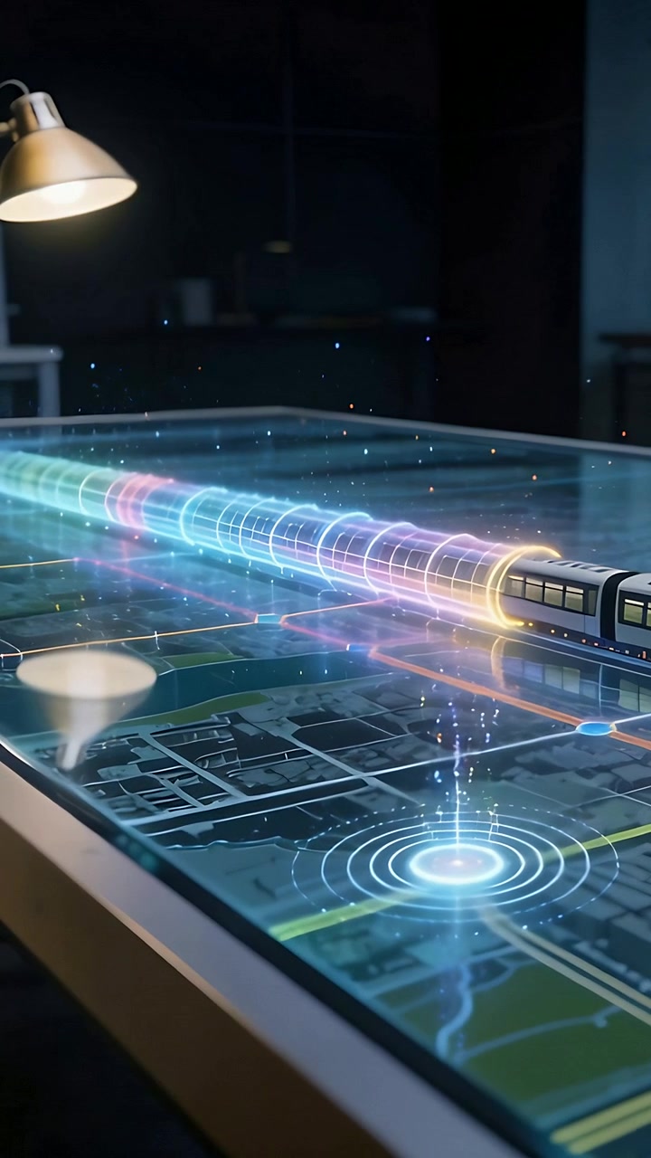 Vertical video: Forming holo tube left-to-right on lab table map, train moving right showing route