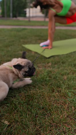 woman practicing yoga in a park with her dog