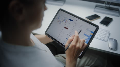 female financial analyst checking real-time stocks, exchange market charts on multiple digital devices and computer with multi-monitor workstation. businesswoman in financial agency office at night.