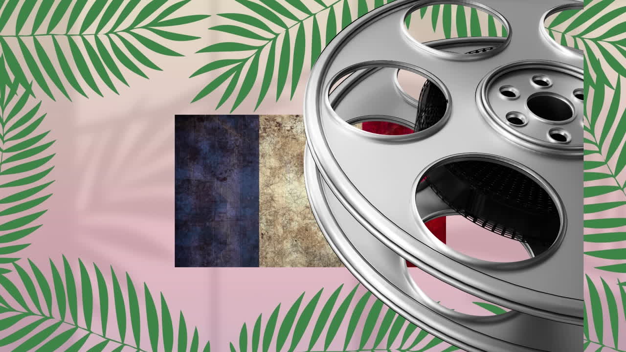 프랑스의  ⁇ 발과  ⁇  배경의 잎 위에 있는 필름 테이프의 애니메이션