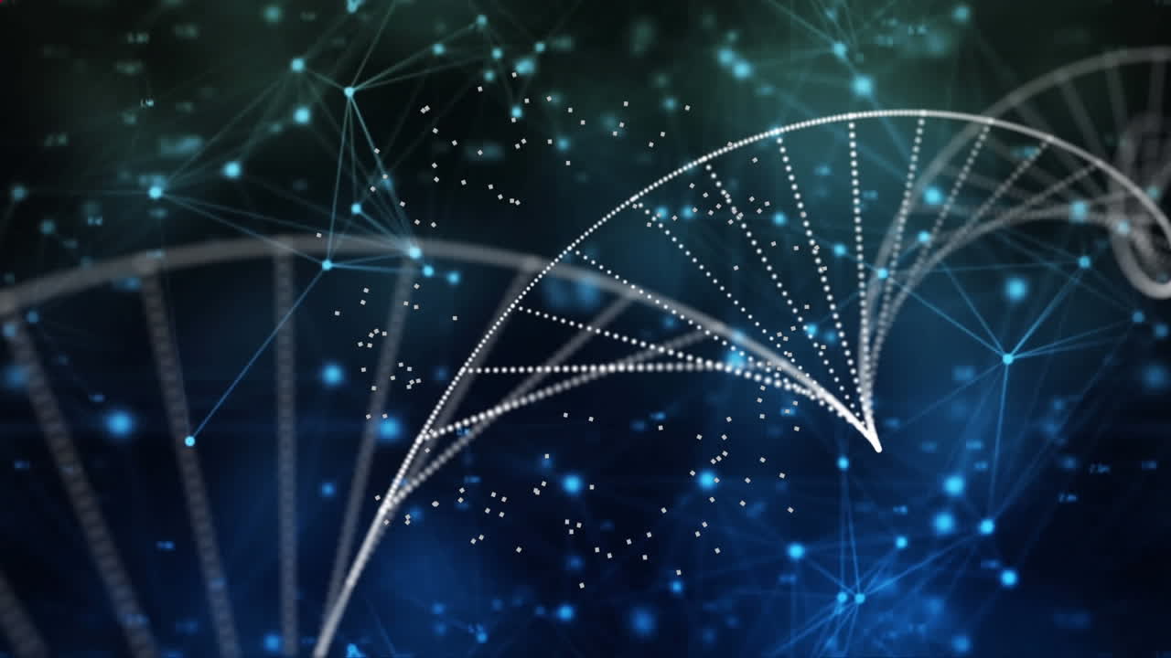 Animation of red pattern, dna strand spinning and data processing
