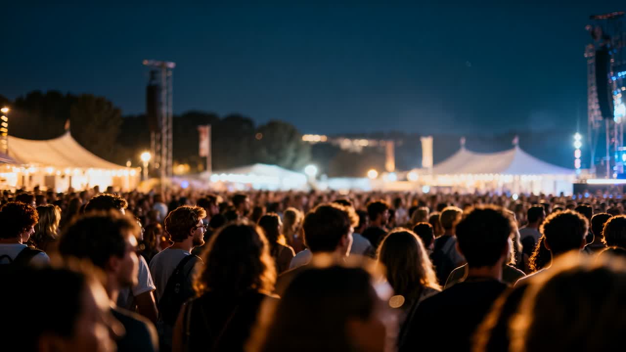 Reacting to stage lights cue, dense crowd watching act at night fest, tents towers backpacks tees