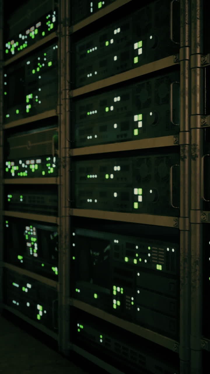 Rows of servers illuminate the dark space with a soft green glow