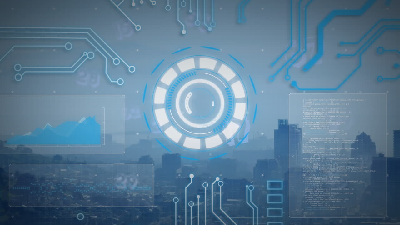 Animation of arc reactor, graphs, circuit board pattern, computer language over modern city