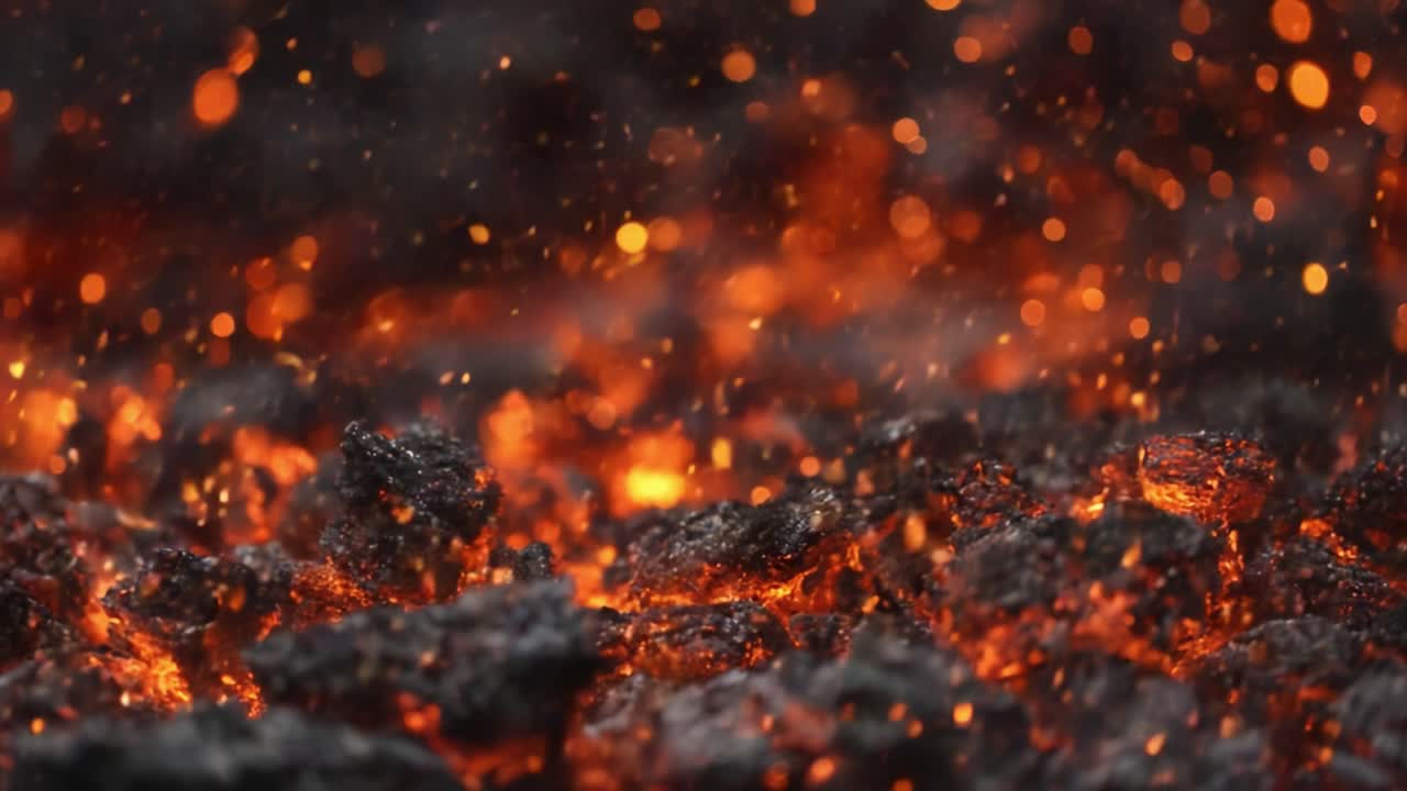Captivating Close-Up of Molten Lava Flowing and Glowing with Fiery Sparks and Hot Embers, Showcasing the Intense Heat and Beauty of Volcanic Activity