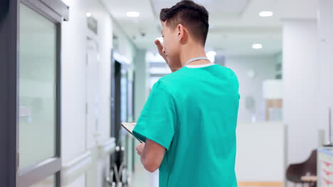 Back,-doctor-and-walking-in-corridor-of-hospital