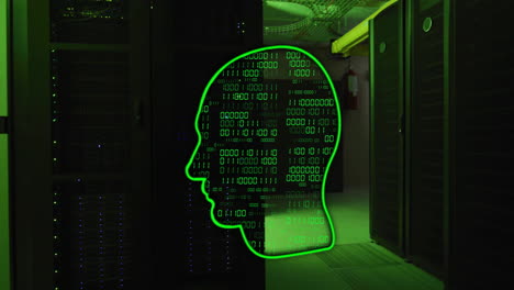código binario y animación de cabeza humana sobre servidores de datos en una habitación oscura