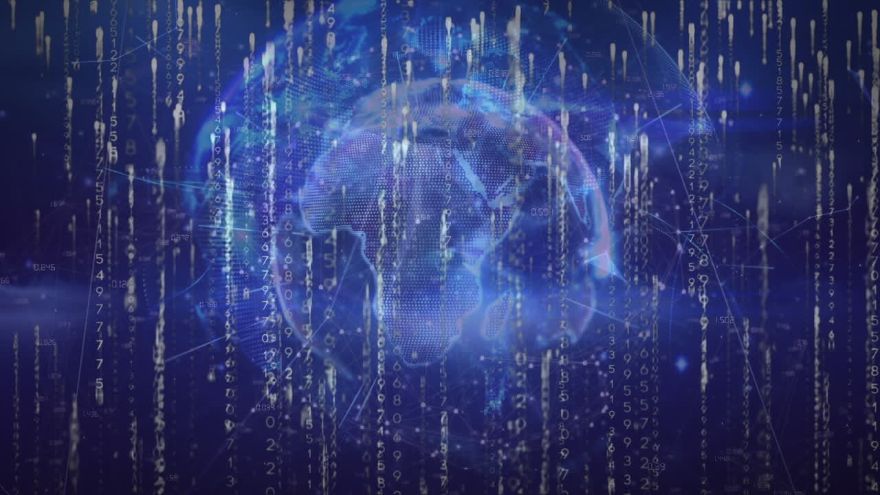 データ処理とデジタルインターフェースのアニメーションが青い背景に描かれています