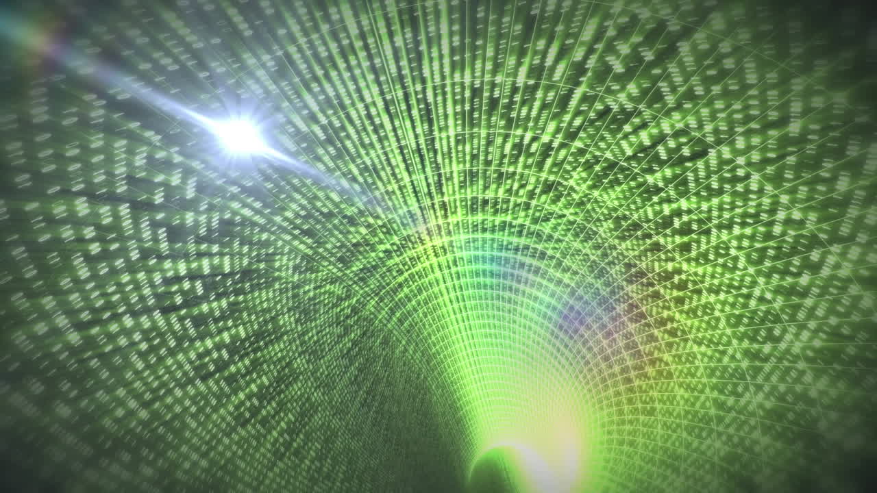 animación digital de un punto de luz contra un túnel digital verde en el fondo