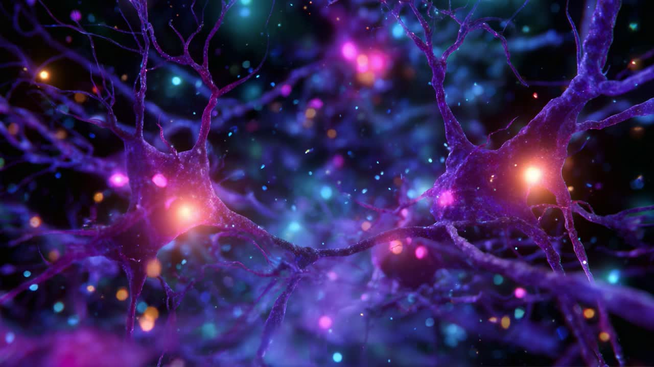 Vibrant Neural Networks: A Close-Up Exploration of Neurons and Synapses in a Cosmic-like Environment Illuminated by Glowing Particles and Light Effects