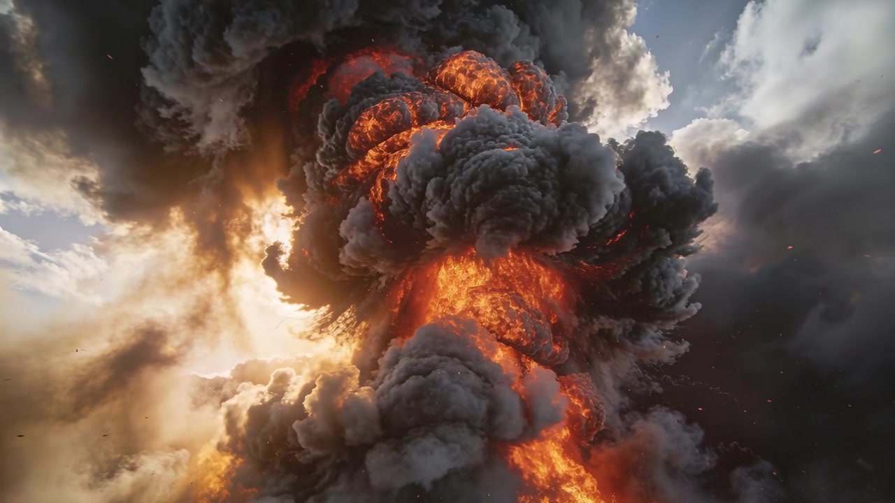 Pennacchio di fumo verticale in ascesa con nucleo fuso che si espande nel cielo, apertura della bocca, cenere che si solleva a nuvole