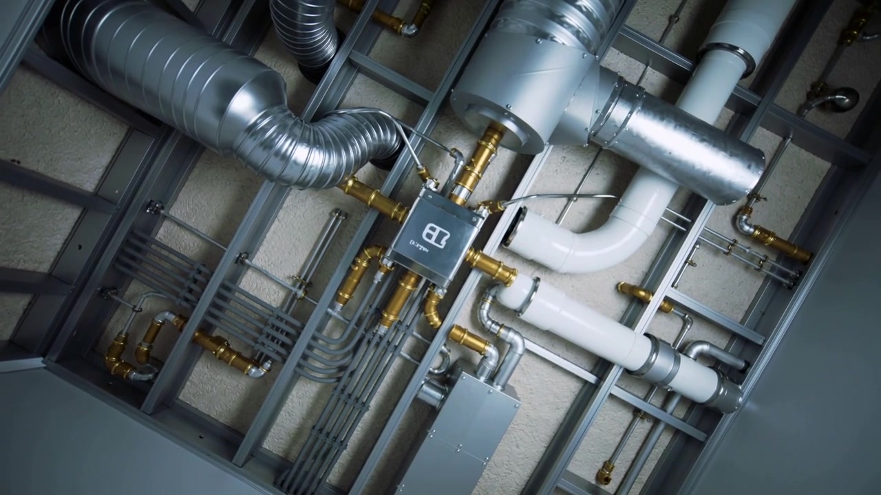 Panning camera revealing service ceiling unit in ceiling opening, showing manifold for inspection