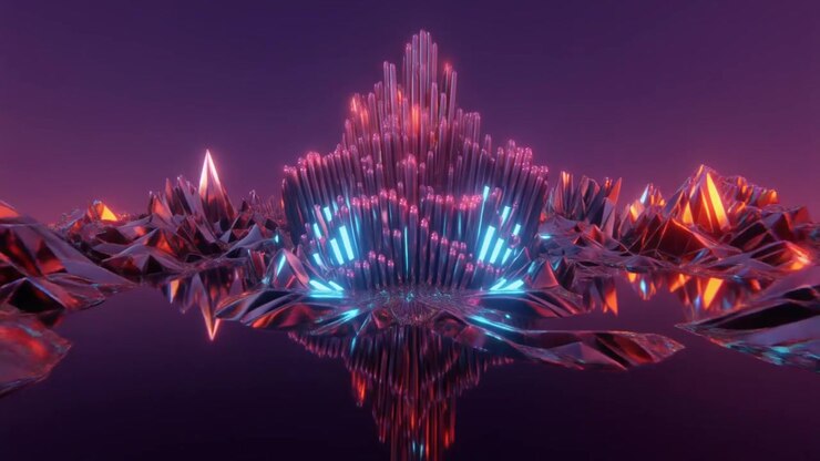 Abstract 3D Animation of Glowing Crystal Structures in a Dark Reflective Landscape