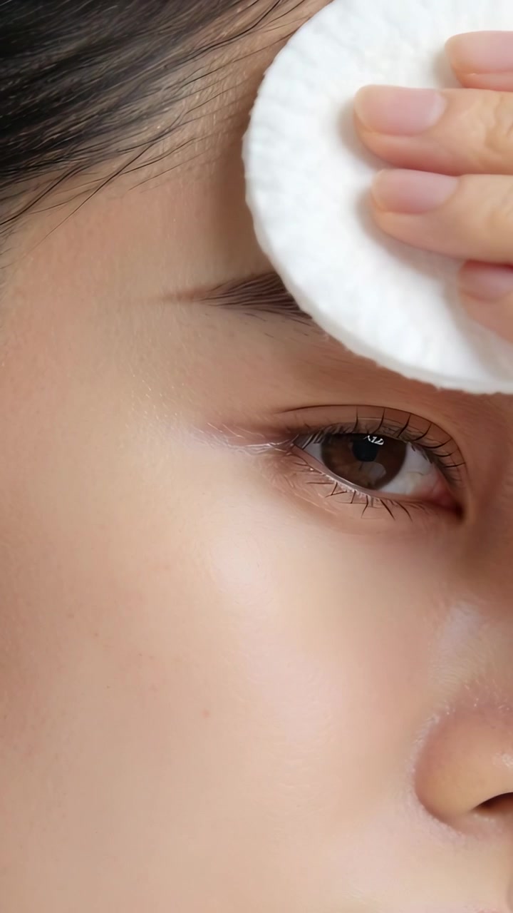 Vertical video: Hand pressing pad entering above, wiping right woman's face at mirror cleaning brow