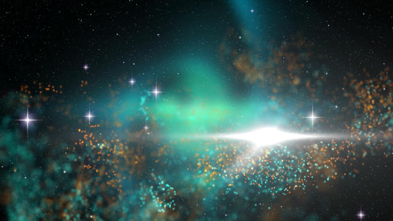 검은 바탕에 움직이는 오렌지색과 파란색 입자 구름, 별 및 빛의 애니메이션