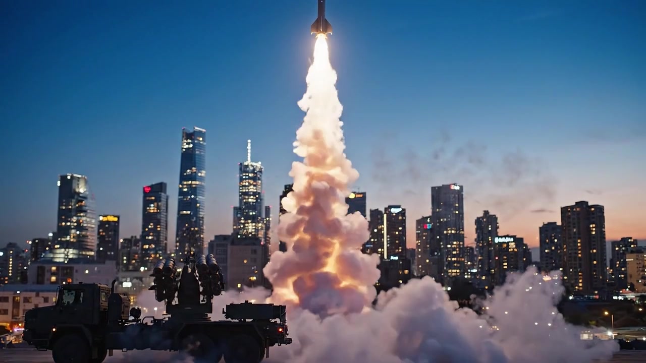 Un lancio spettacolare di un razzo in uno skyline urbano: catturare il momento in cui il missile si accende e ascende nel cielo notturno con le luci della città come sfondo.