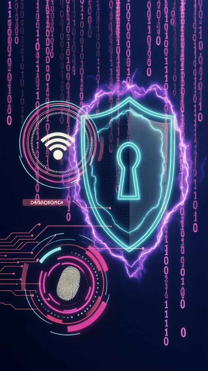 Scudo di Cybersicurezza Digitale con Icone Biometriche e di Rete