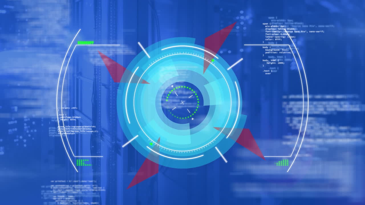 Animation of scope scanning over spinning round scanner and data processing against server room