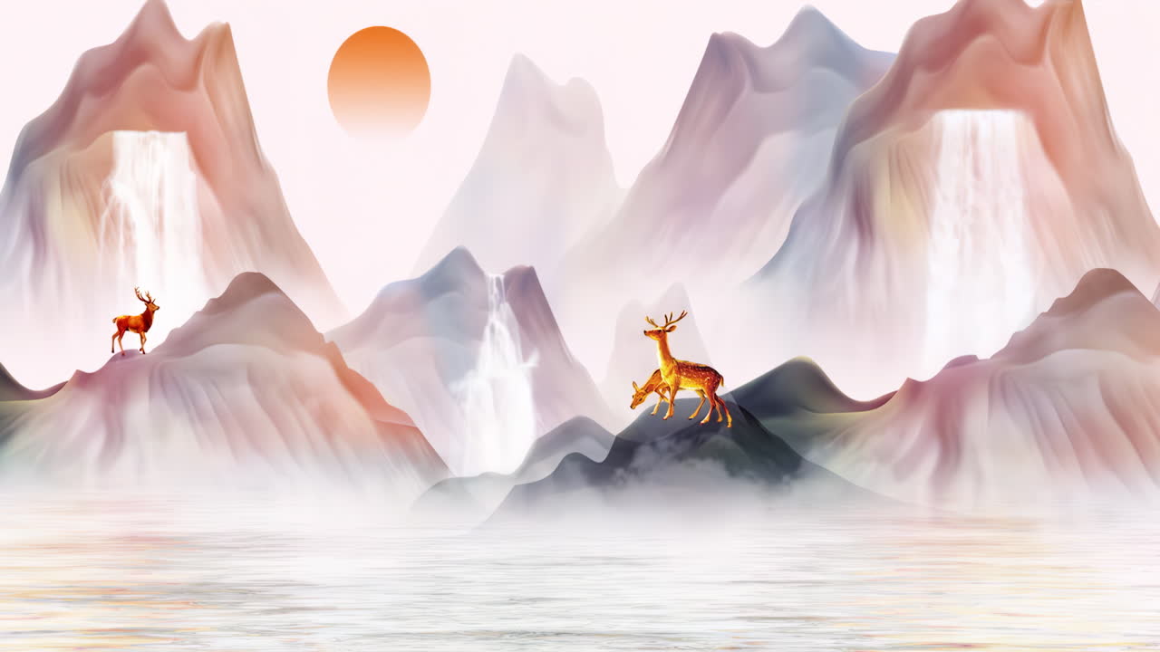 Serene Mountain Landscape with Deer and Waterfalls