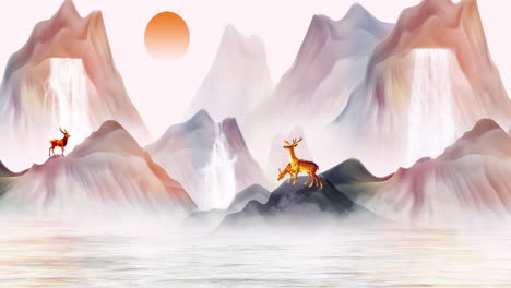 serene mountain landscape with deer and waterfalls