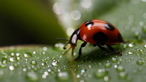 ladybug on a dewy green leaf
