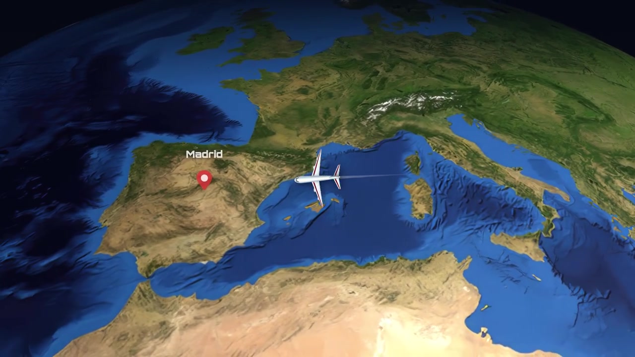 Satellite view animation tracks a commercial airplane flying from Sydney to Madrid across Earth