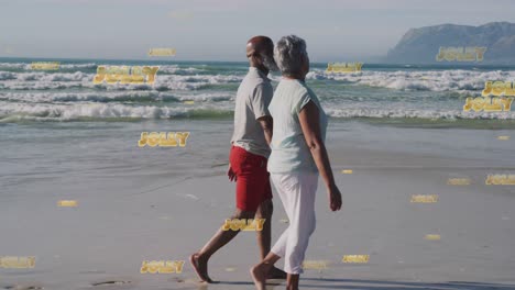 Animation-of-christmas-greetings-text-over-senior-biracial-couple-on-beach