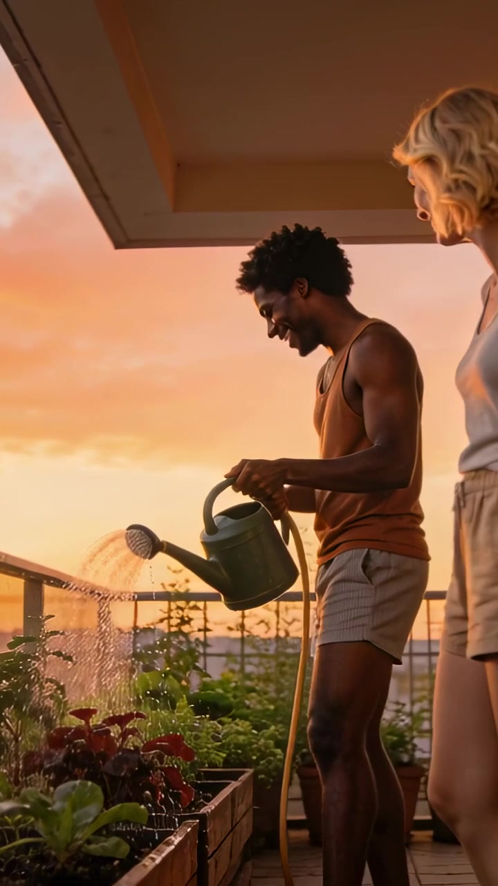 Video verticale: Uomo in canotta e pantaloncini che inclina l'annaffiatoio, versando acqua e curando le fioriere del balcone.