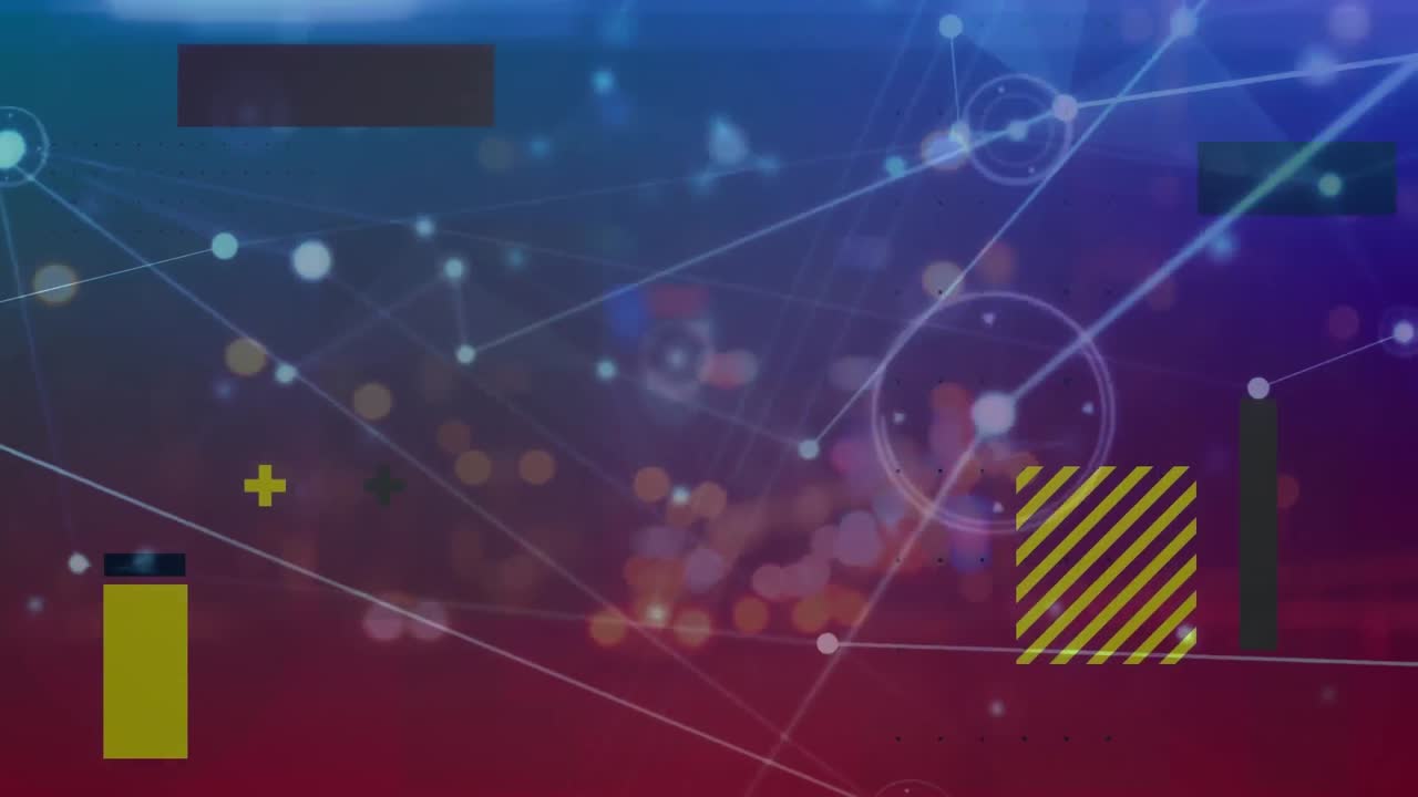 animación de formas abstractas y red de conexiones contra el tráfico nocturno de la ciudad